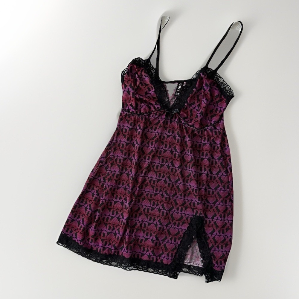 Vintage XOXO Y2K Babydoll Mini Slip Dress Size 2X Purple Preppy Dainty Lace Dark